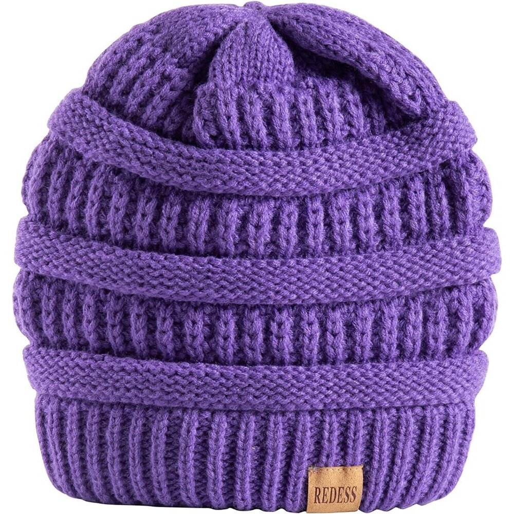 Women's Slouchy Light Purple Beanie Winter Warm Chunky Skull Cable Knit Hat Cap - Picture 4 of 4